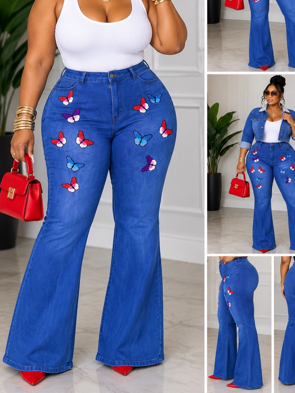 Butterfly Embroidered High-Waist Flare Jeans - Blue